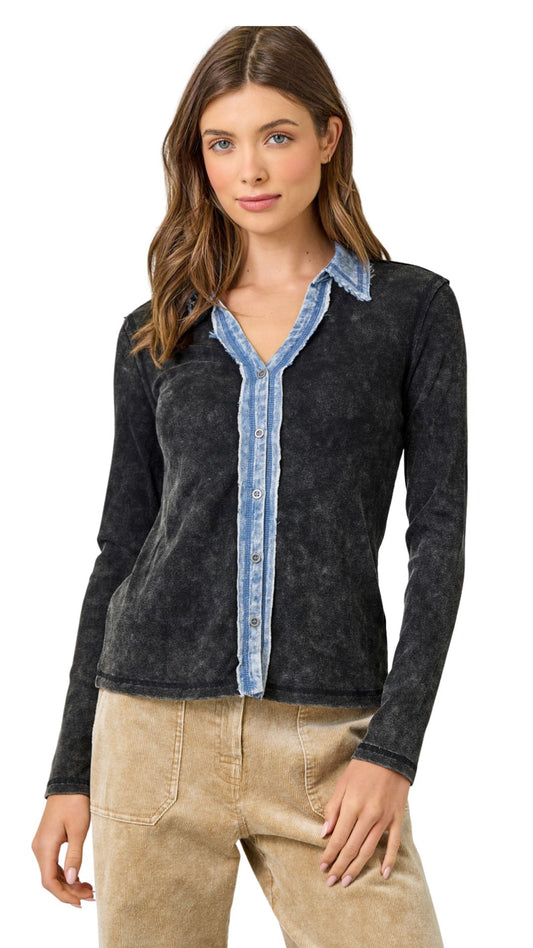Button Front & Denim Edges Ribbed Shirt. Style MYS60719