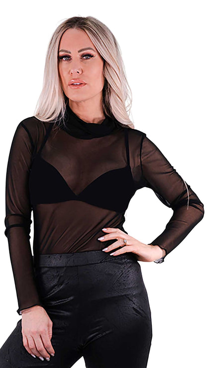 Sheer Mesh Cowl Neck Long Sleeve Top. Style MT25F2002