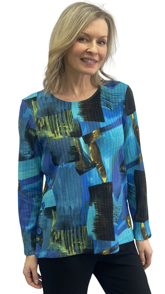Blue & Yellow Print Round Neckline Top. Style SW102311