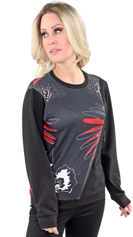 Faux Zipper Detail Floral & Cheetah Print Sweater. Style MT25F1977