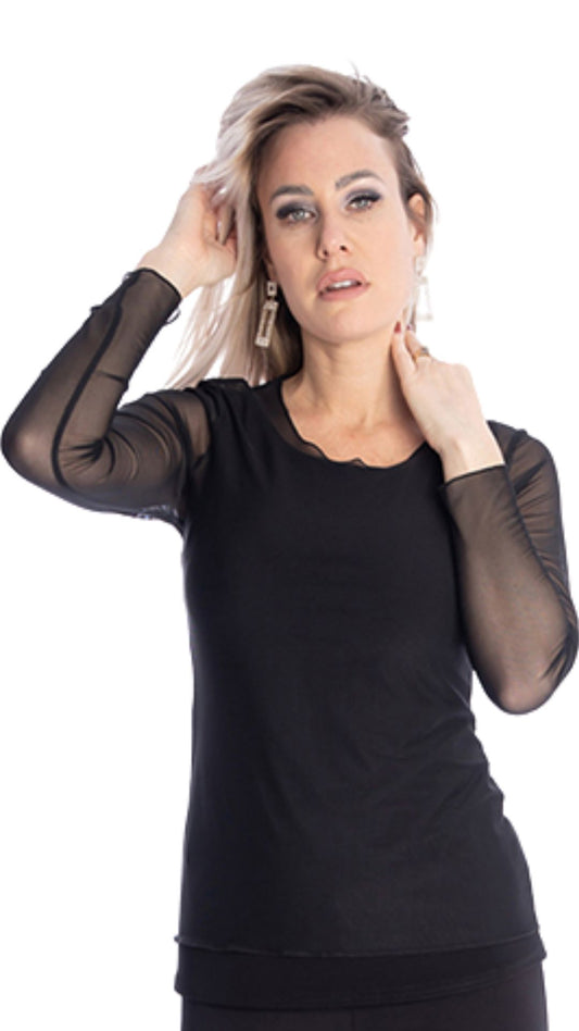Sheer Mesh Round Neck Long Sleeve Top. Style MT25F2007