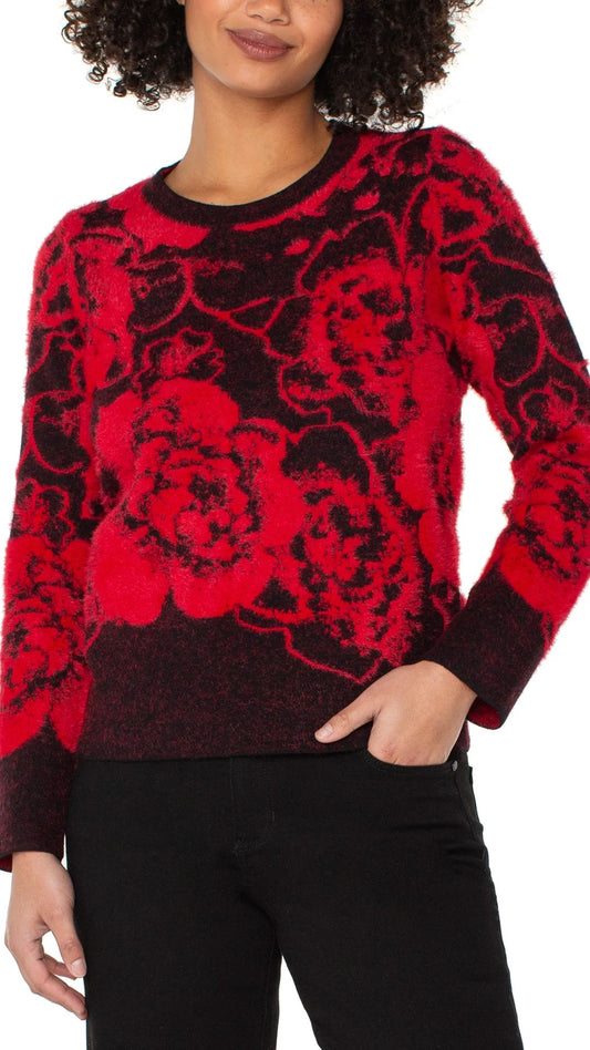 Black & Red Floral Print Fuzzy Sweater. Style LVLM8D52SK32