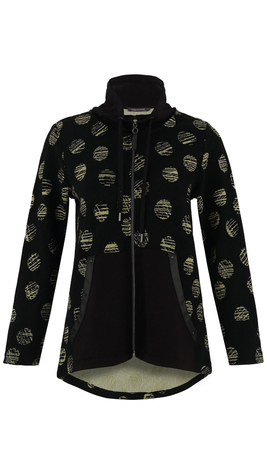 Zip Front Funnel Collar Green Dot Print Sweater. Style DOLC75146