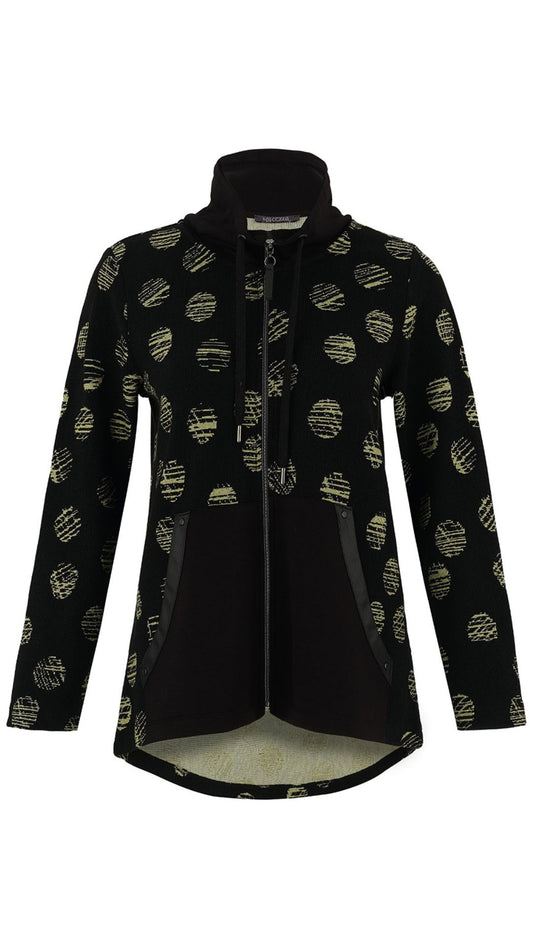 Zip Front Funnel Collar Green Dot Print Sweater. Style DOLC75146