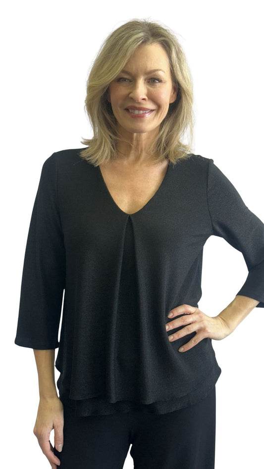 Pleated Front V-Neck Sparkly Top. Style SW102029