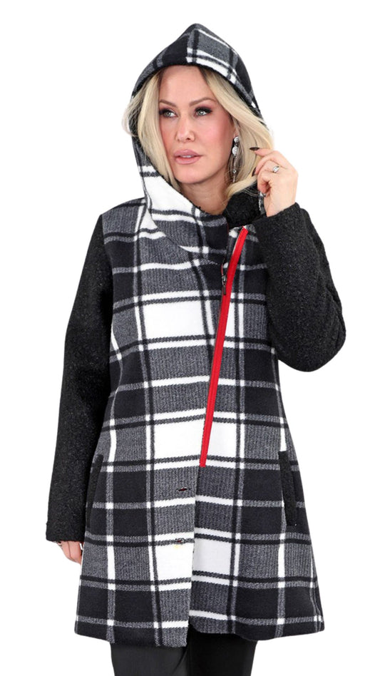 Red Zipper Plaid Knit & Fleece Coat. Style MT25F5951