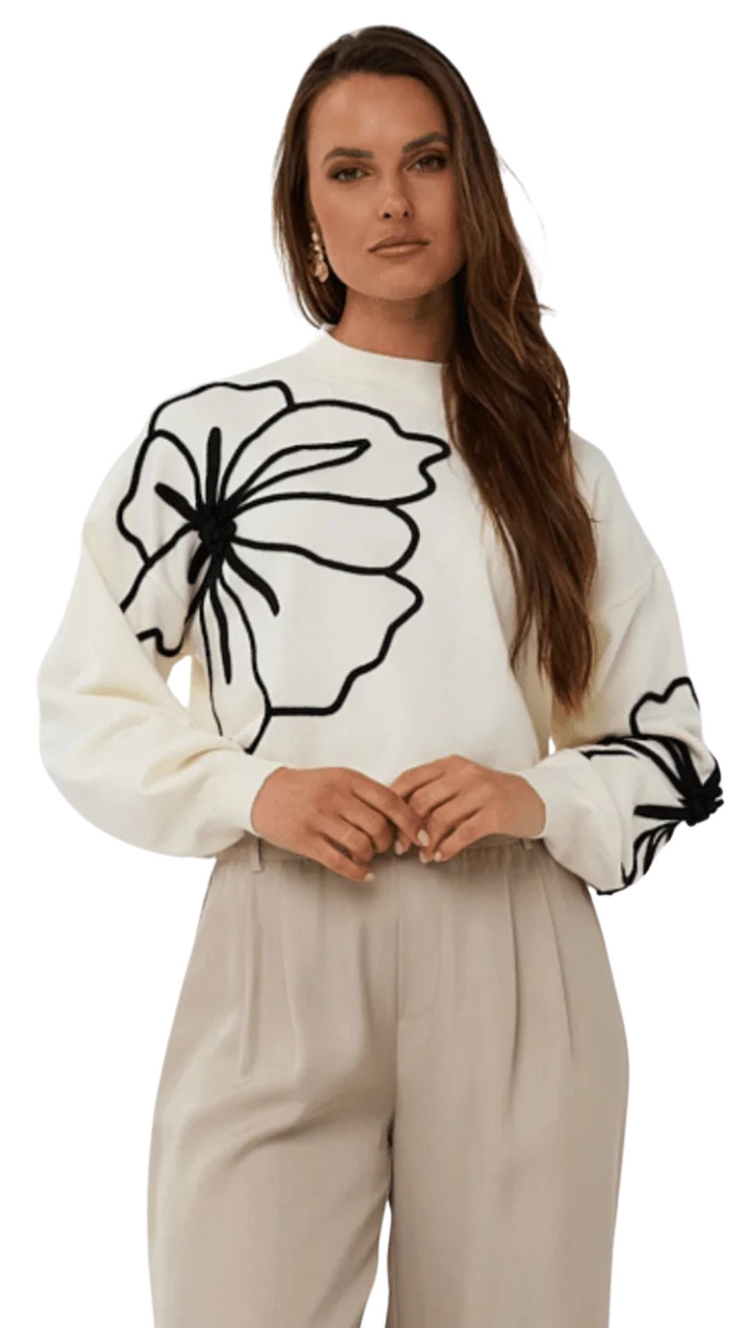 Knitted Off White & Black Floral Details Sweater. Style ESQ02505