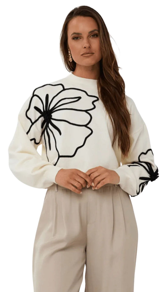 Knitted Off White & Black Floral Details Sweater. Style ESQ02505