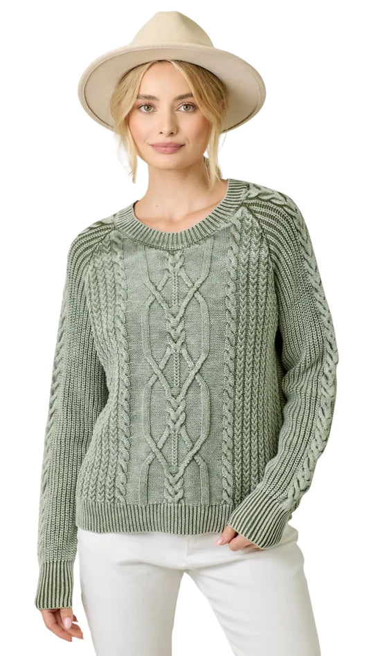 Sage Washed Cable Knit Sweater. Style MYS61162