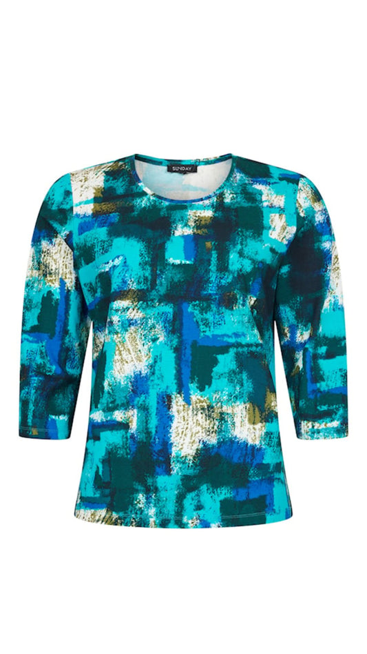 Round Neck 3/4 Length Blue Print Top. Style SUN6560