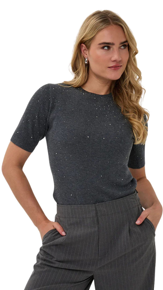 Short Sleeve Rhinestone Details Knit Top. Style ESQ02521