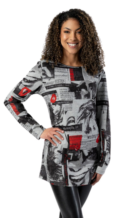 Newspaper Print Long Length Tunic. Style FS253222