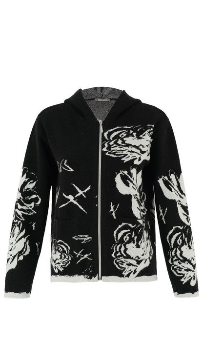 Black & White Hooded Zip Front Sweater. Style DOLC75300