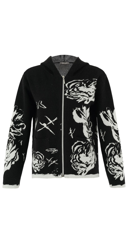 Black & White Hooded Zip Front Sweater. Style DOLC75300