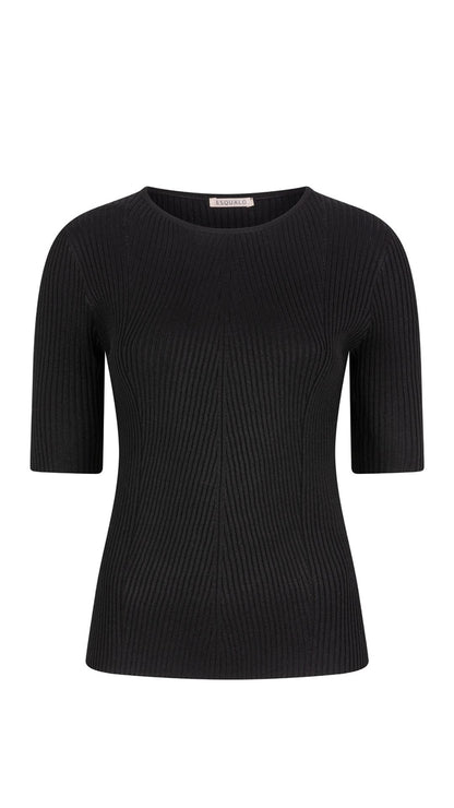 Ribbed Knit Half Sleeve Basic Black Top. Style ESQ27507