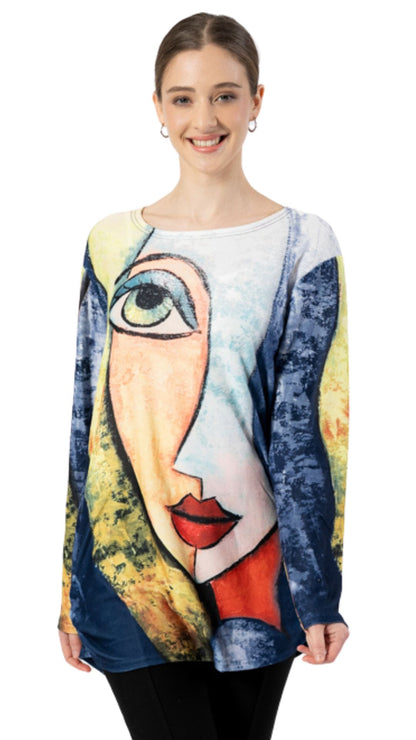 Abstract Artistic Face Print Long Length Top. Style FS253323