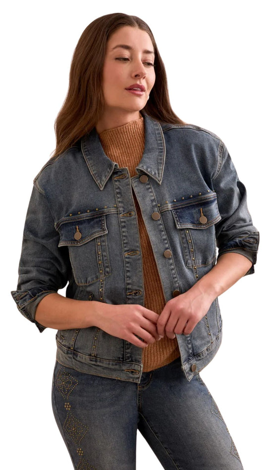 Studded Vintage Wash Denim Girlfriend Jacket. Style TR5956O-5229
