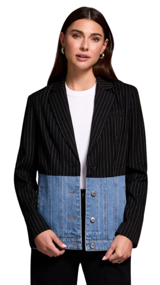 Mixed Media Pin Stripe & Denim Blazer. Style TR5916O-5029