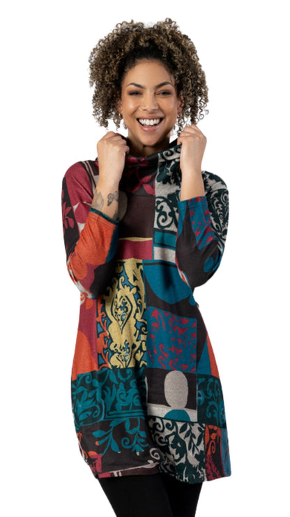 Multi Pattern Patchwork Cowl Neck Tunic. Style FS253747