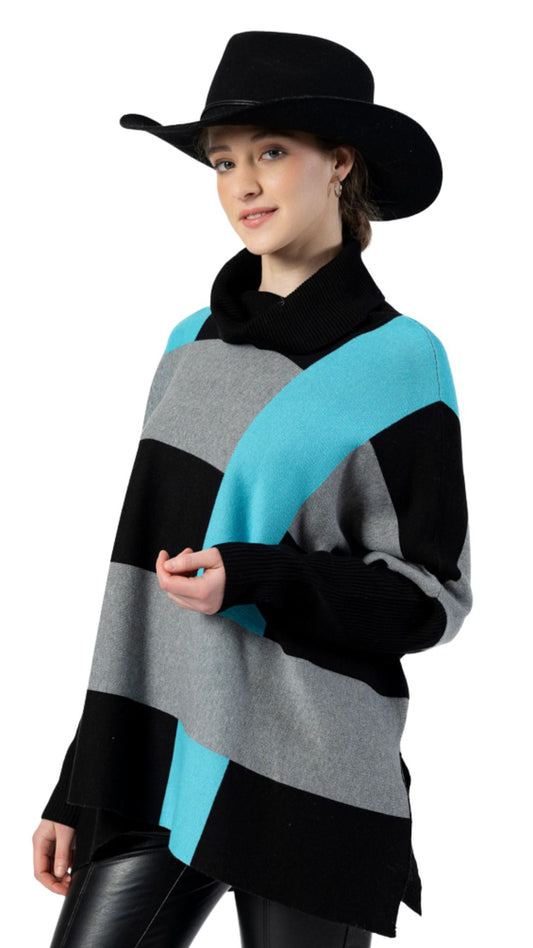 Cowl Neck Drop Shoulder Teal Accent Sweater. Style FS253A13
