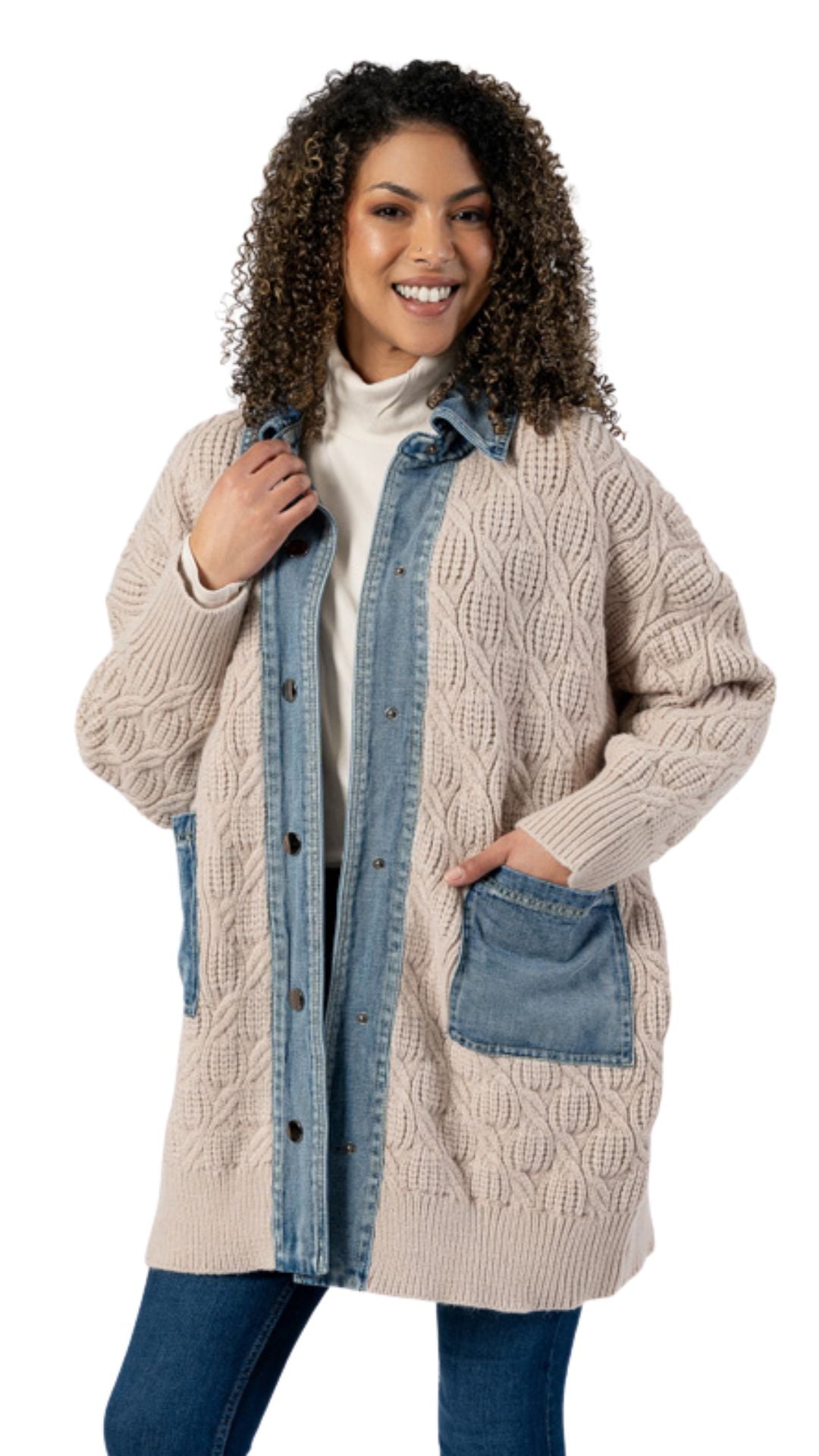 Long Knitted Denim Details Button Up Jacket. Style FS253D37