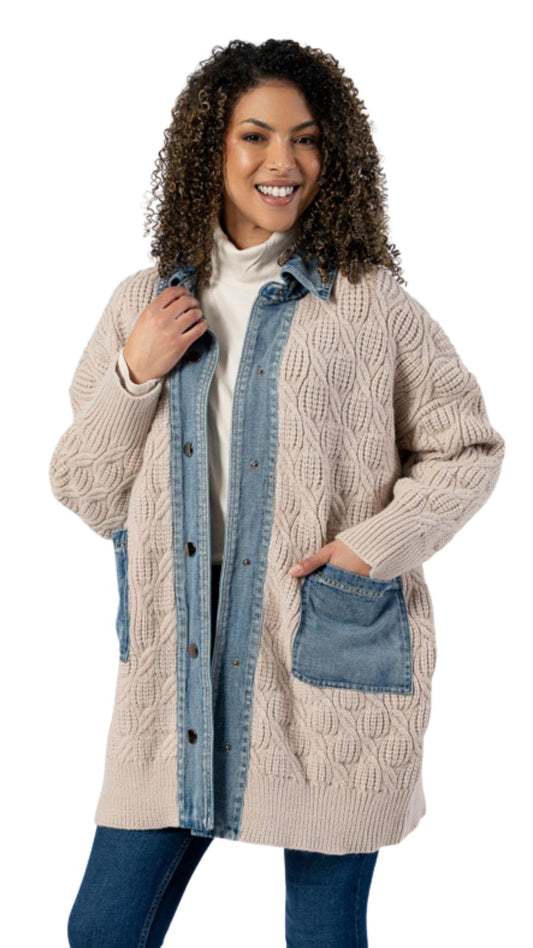 Long Knitted Denim Details Button Up Jacket. Style FS253D37