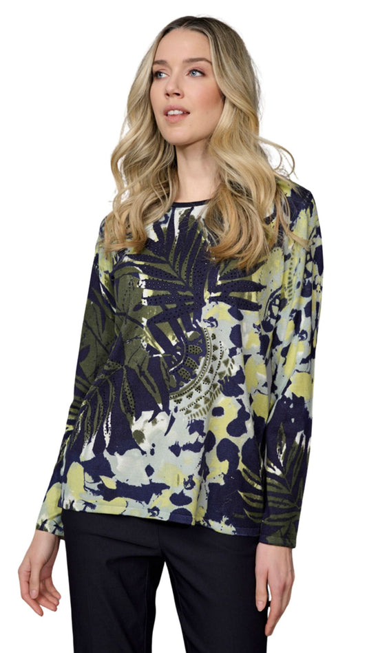 Abstract Print with Leaves & Rhinestones Top. Style PYFK796DW