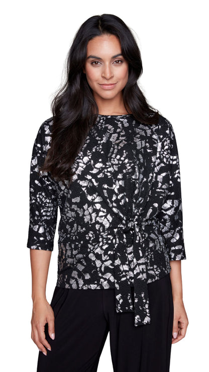 Knotted Tie Front Sparkly Silver Print Top. Style CK34006