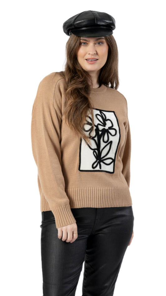 Brown Knit With Black & White Flower Applique Sweater. Style FS253D48