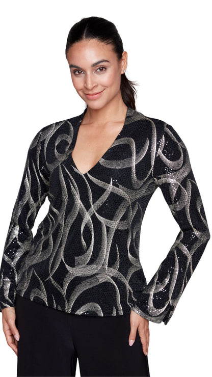 V-Neck Sparkly Sequined Black & Gold Top. Style CK50153