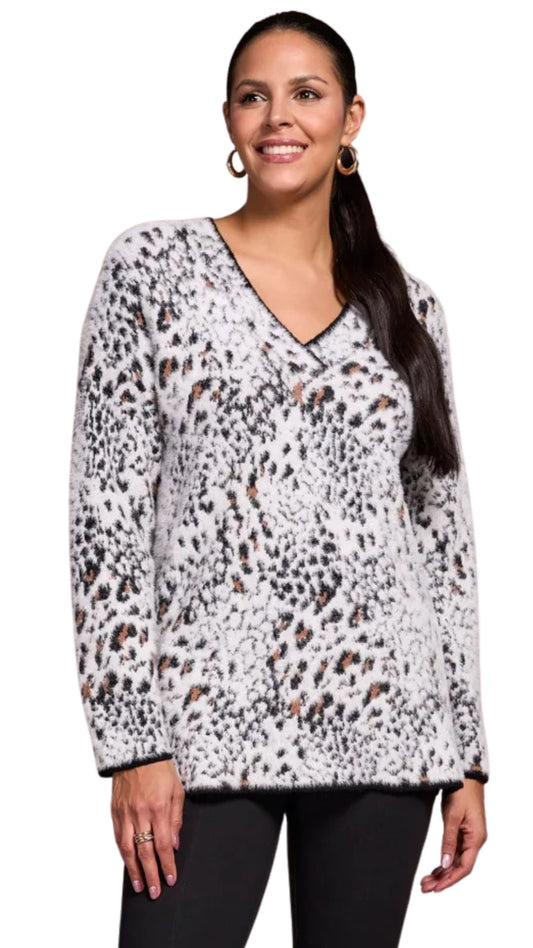Fuzzy Animal Print Long-Sleeve V-Neck Sweater. Style TR2354O-8321