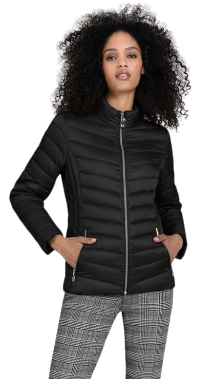 Short Length Collared Puffer Jacket. Style FR528-BLK
