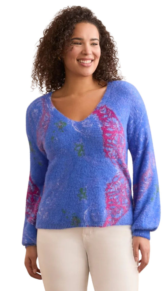 Blue Floral Yarn V-Neck Sweater. Style TR5585O-5054