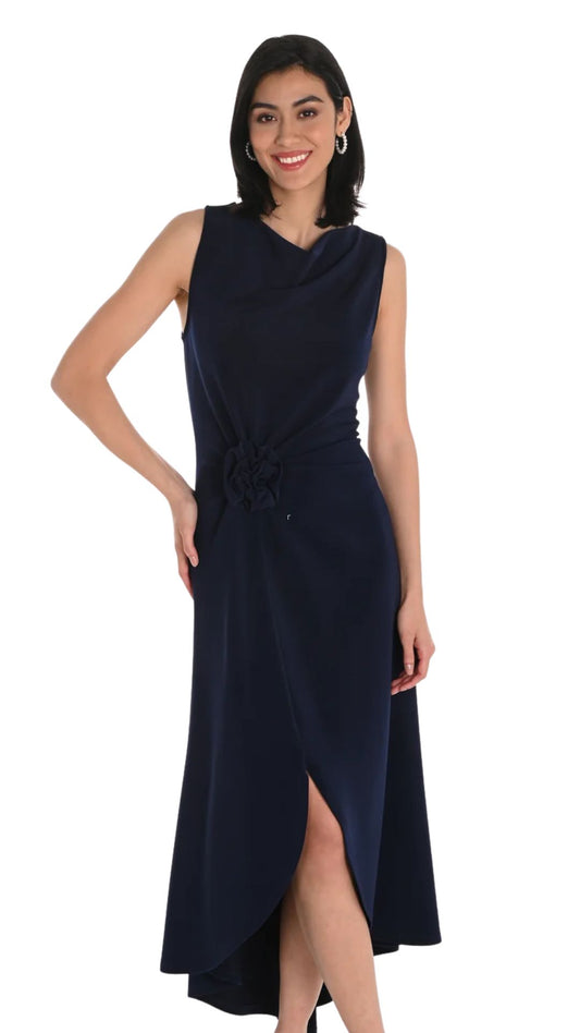 Sleeveless Wrap Skirt Rosette Detail Dress. Style FL254009