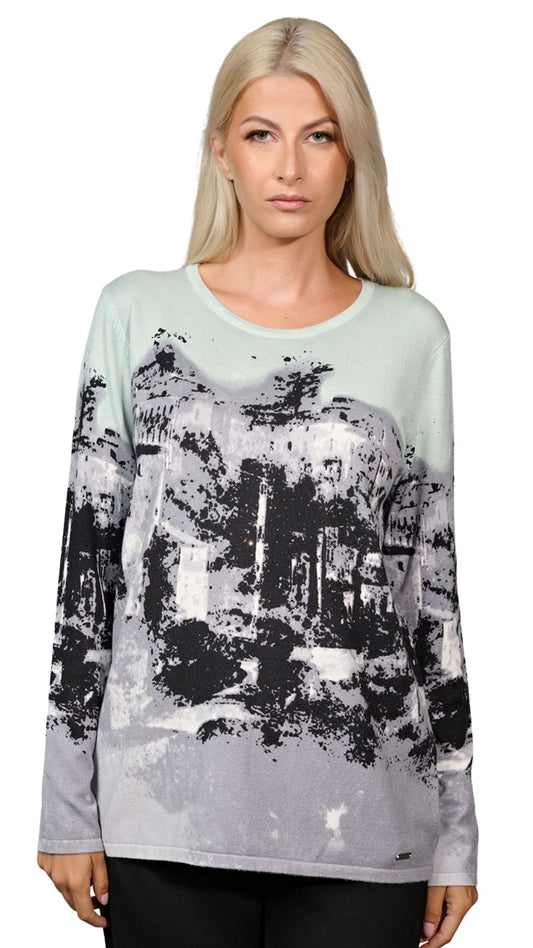 Abstract Print with Rhinestones Long Sleeve Top. Style PYFE761ZG