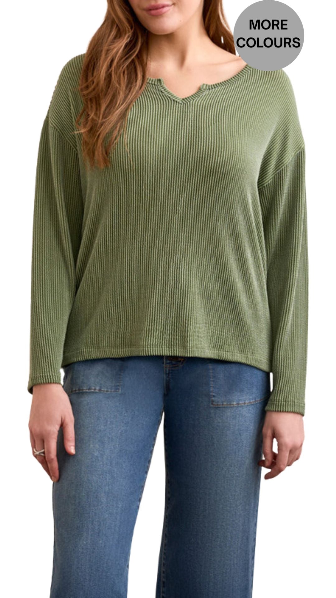 Ribbed Notch Neck Long Sleeve Top. Style TR2284O-8282