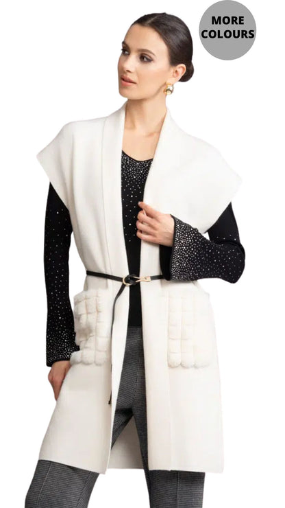 Long Sleeveless Fuzzy Pockets & Belt Cardigan. Style ALSA46475