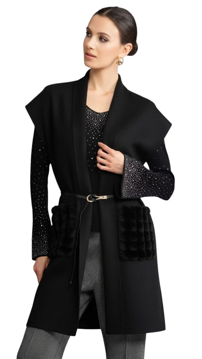 Long Sleeveless Fuzzy Pockets & Belt Cardigan. Style ALSA46475