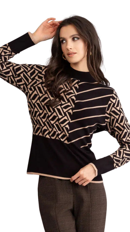 Mock Neck Black & Beige Multi Print Sweater. Style ALSA46212