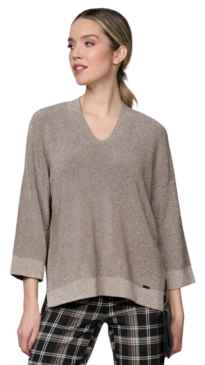 Metallic V-Neck Loose 3/4 Sleeve Top. Style PYFE160
