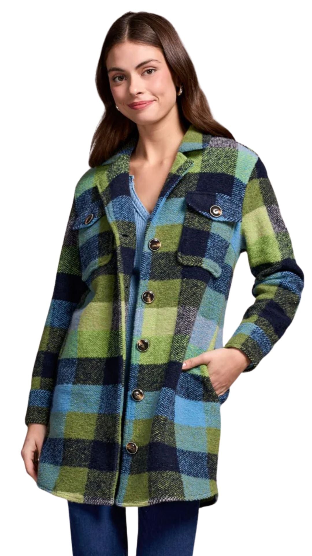 Green & Blue Plaid Knit Jacket. Style TR5966O-5056