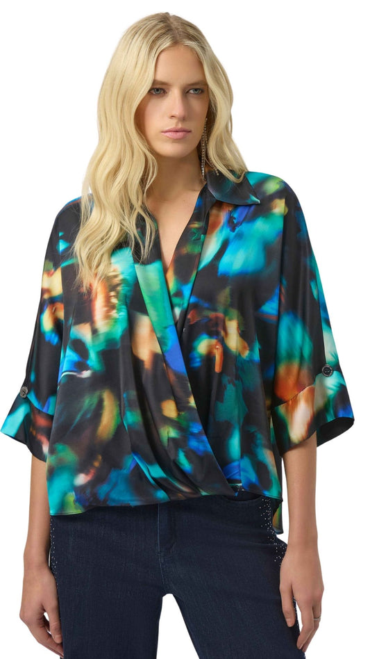 Satin Abstract Print Draped Front Top. Style JR254097