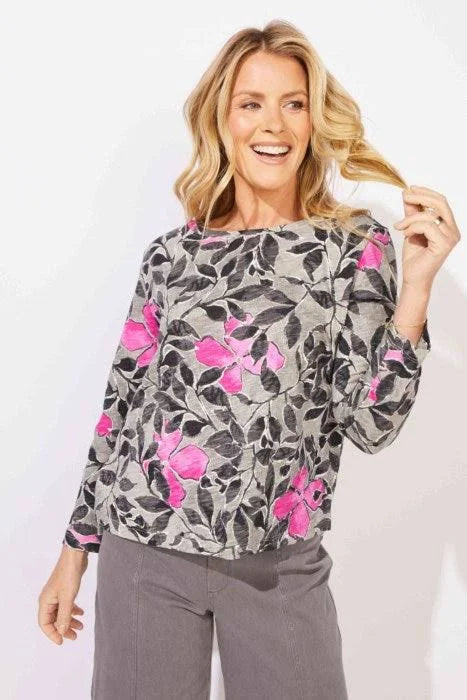 Floral Foliage Boxy Long Sleeve Top. Style ESC12125