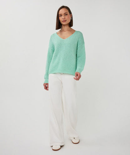 Yarn Drop Shoulder V-Neck Sweater. Style ESQ02020
