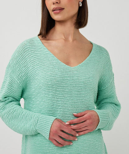Yarn Drop Shoulder V-Neck Sweater. Style ESQ02020