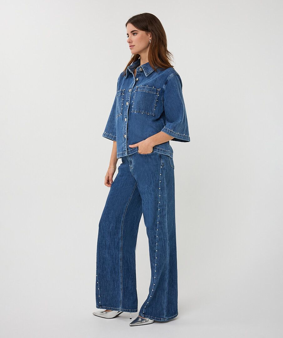 Studded Details Denim 1/2 Sleeve Button Up Jacket. Style ESQ12016