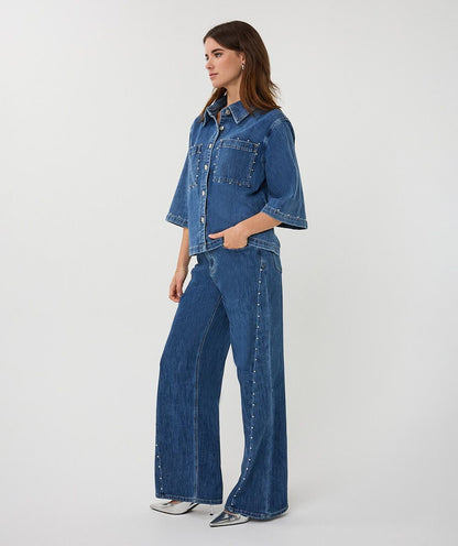 Studded Details Denim 1/2 Sleeve Button Up Jacket. Style ESQ12016