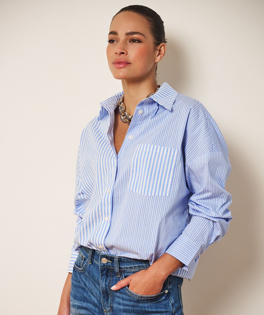 Striped Lightweight Button Up Collared Blouse. Style ESQ28003