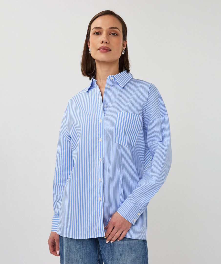 Striped Lightweight Button Up Collared Blouse. Style ESQ28003