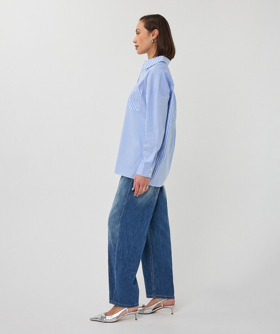 Striped Lightweight Button Up Collared Blouse. Style ESQ28003